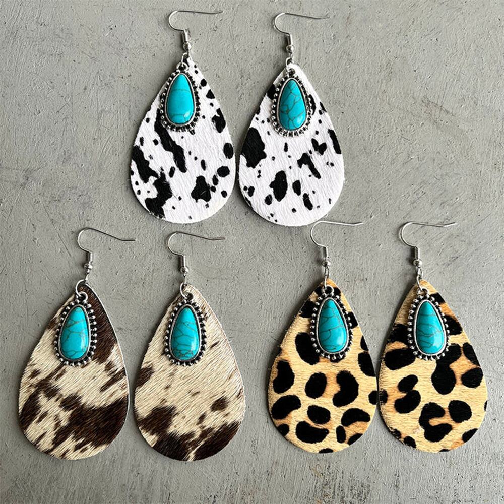Animal Print Leather Cowhide Suede & Turquoise Fishhook Earrings NWOT - Picture 2 of 2